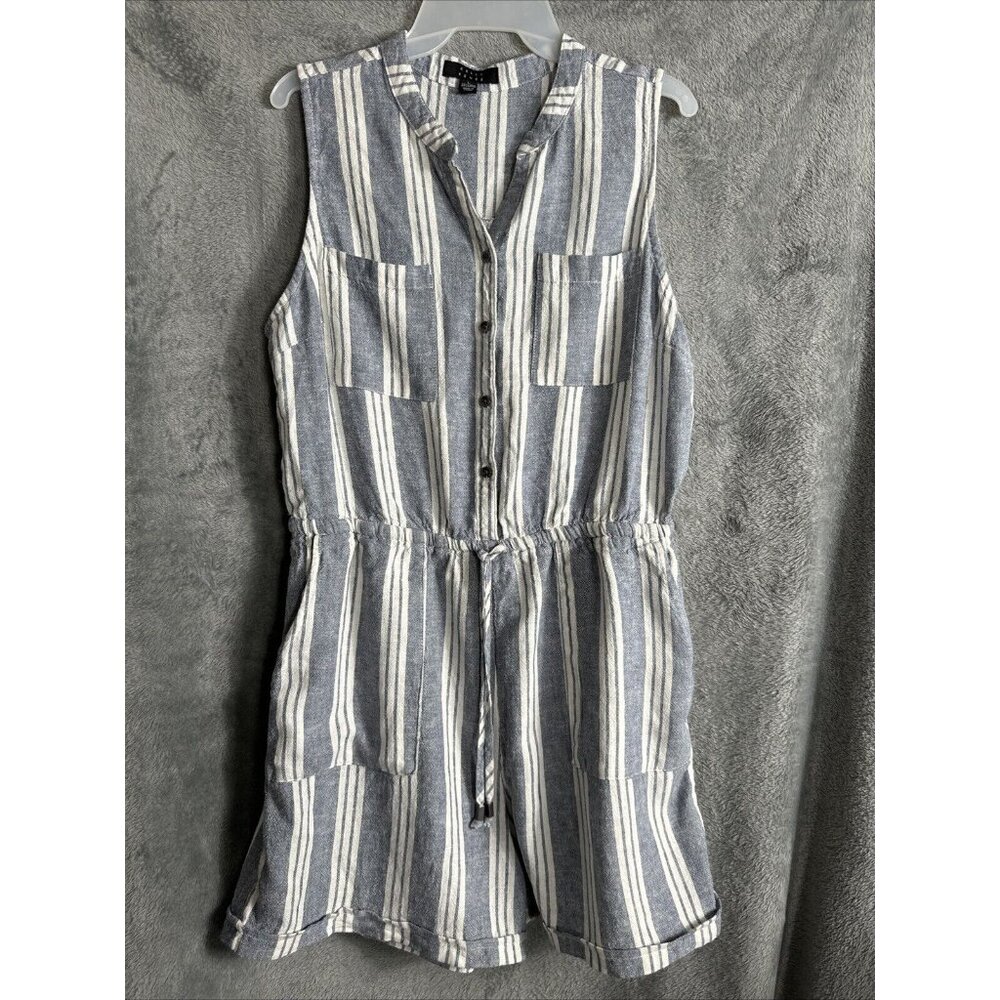 kelly Renee Shorts Jump Suit One Piece Blue/White Striped V Neck Button Up Large